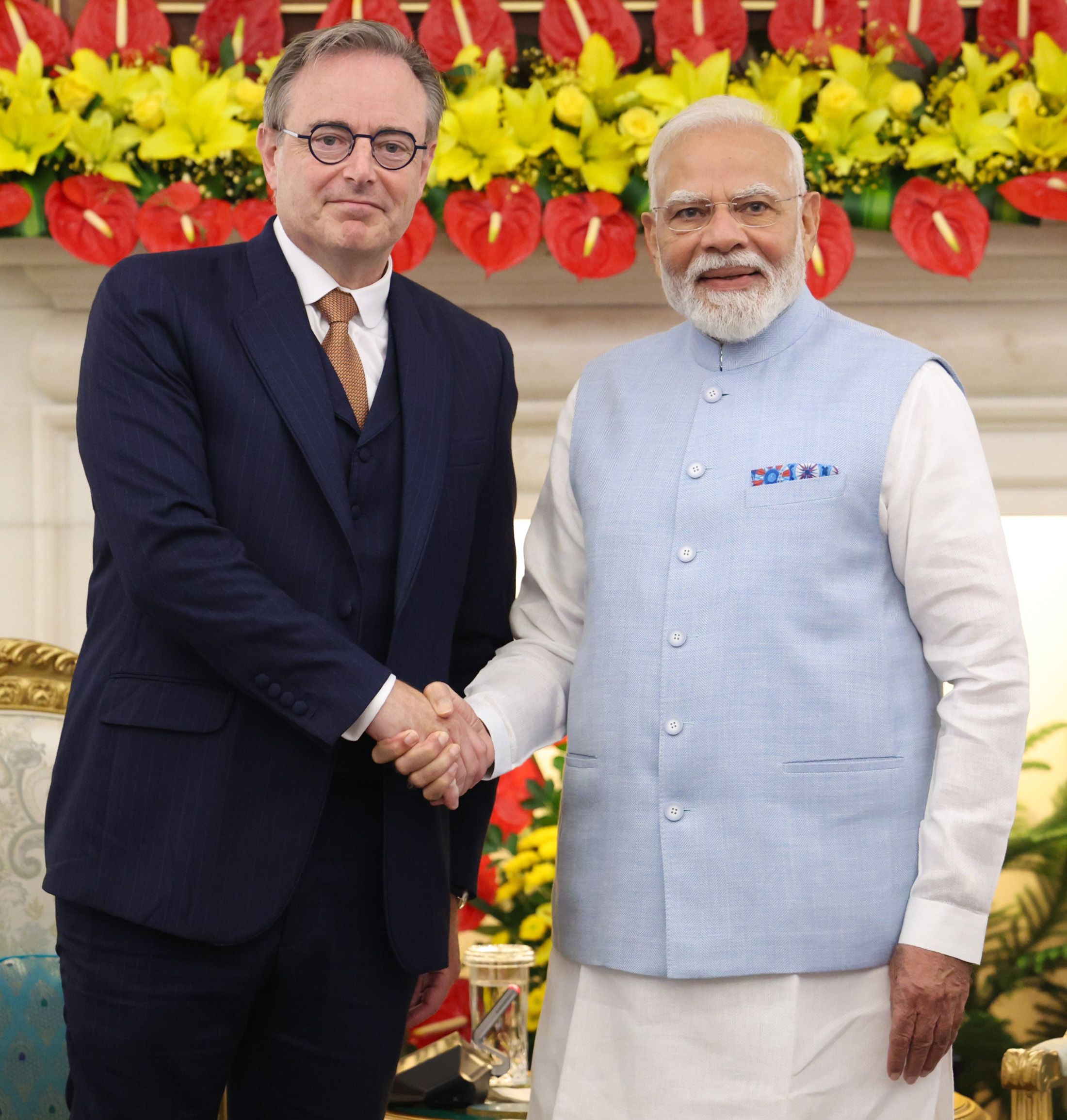 Bart De Wever and Narendra Modi shake hands at Hyderabad House