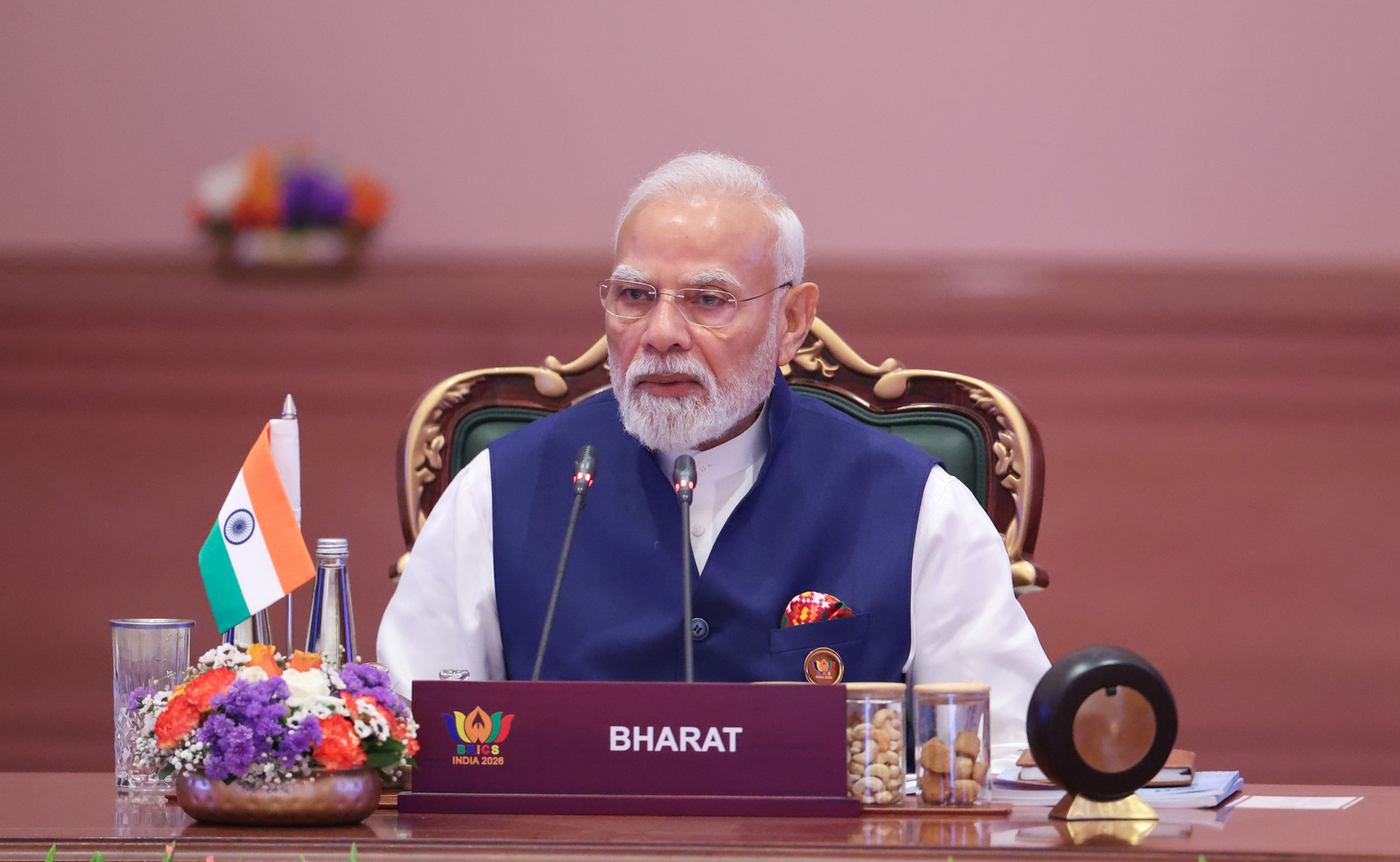 Narendra Modi speaking at a BRICS summit session in New Delhi