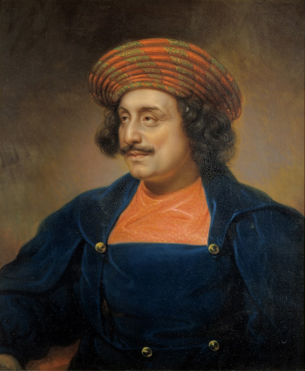 1833 painted portrait of Raja Ram Mohun Roy wearing a red and gold turban