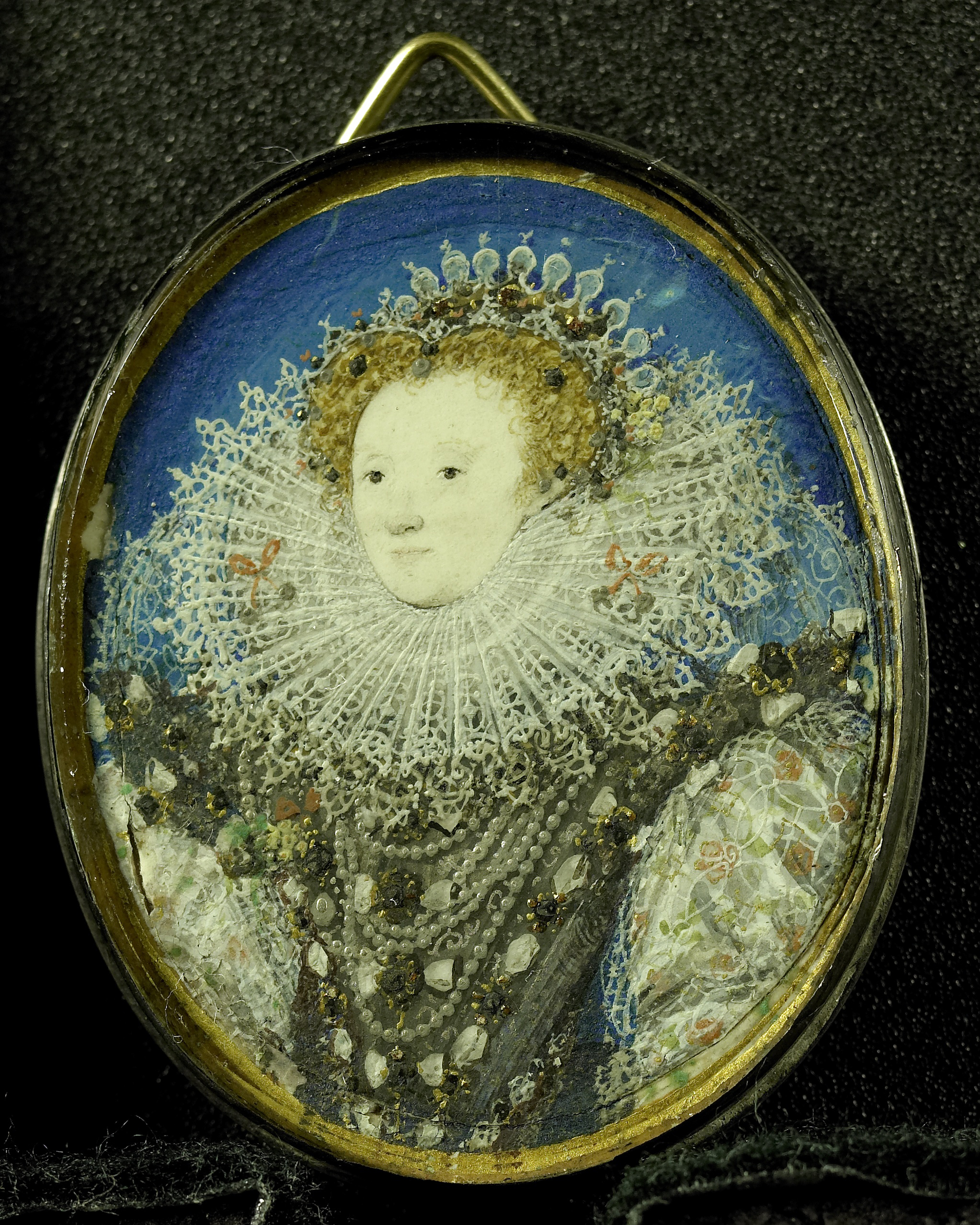 Painted miniature portrait of Elizabeth I in an oval frame.