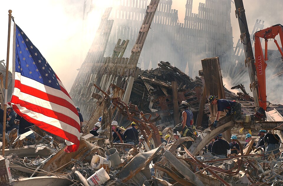 Rescue workers among World Trade Center debris.