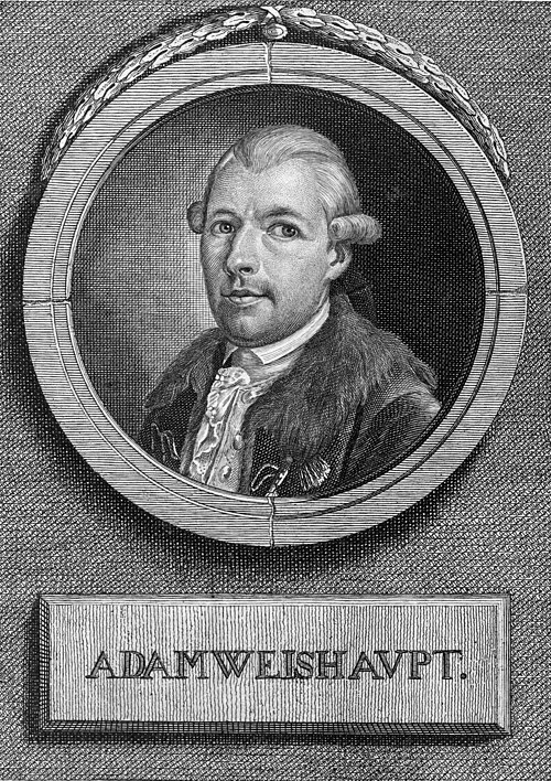 Historical engraving of Adam Weishaupt, with his name beneath the oval portrait.