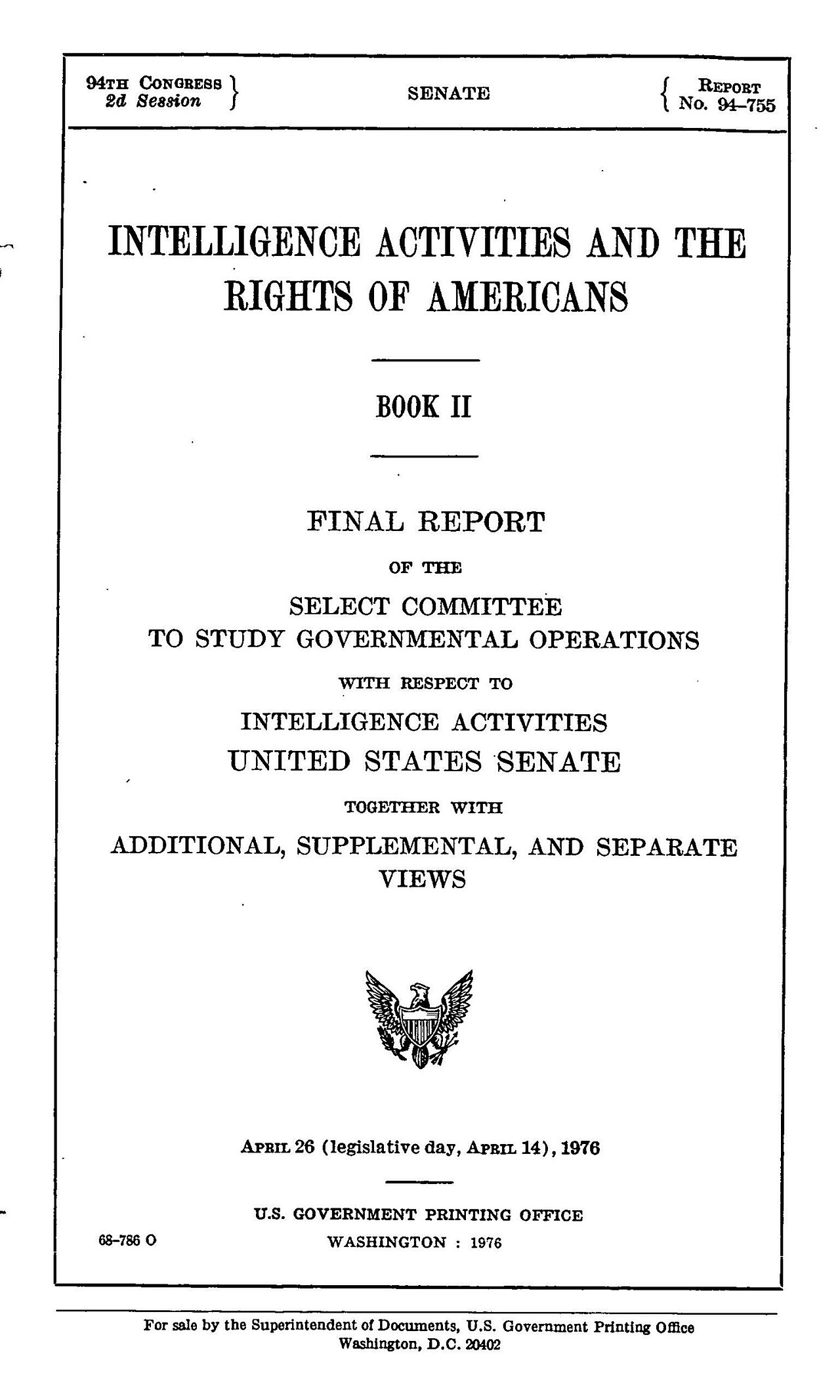 Cover of the Church Committee report on intelligence activities and Americans' rights