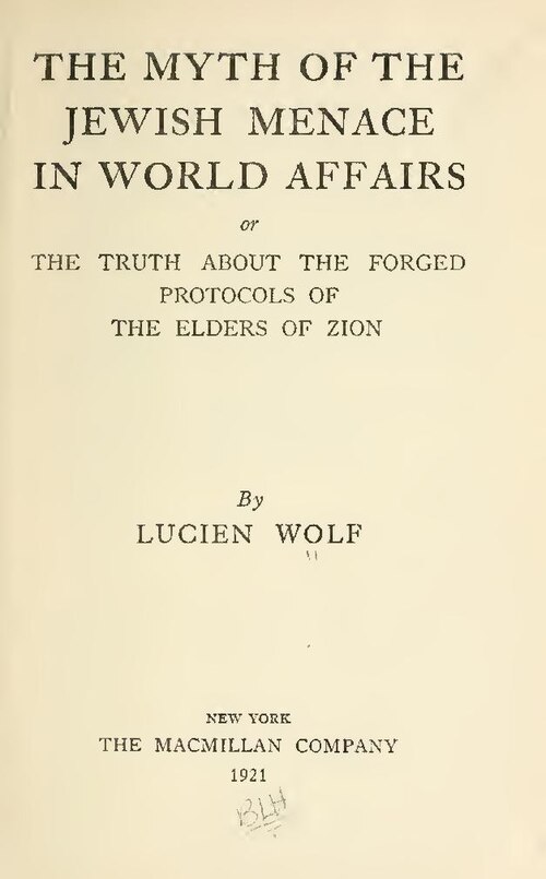 Title page of Lucien Wolf's 1921 book exposing the forged Protocols