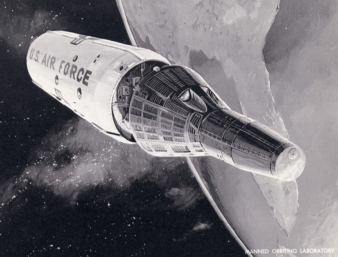 Concept illustration of a Gemini capsule separating from the proposed MOL station