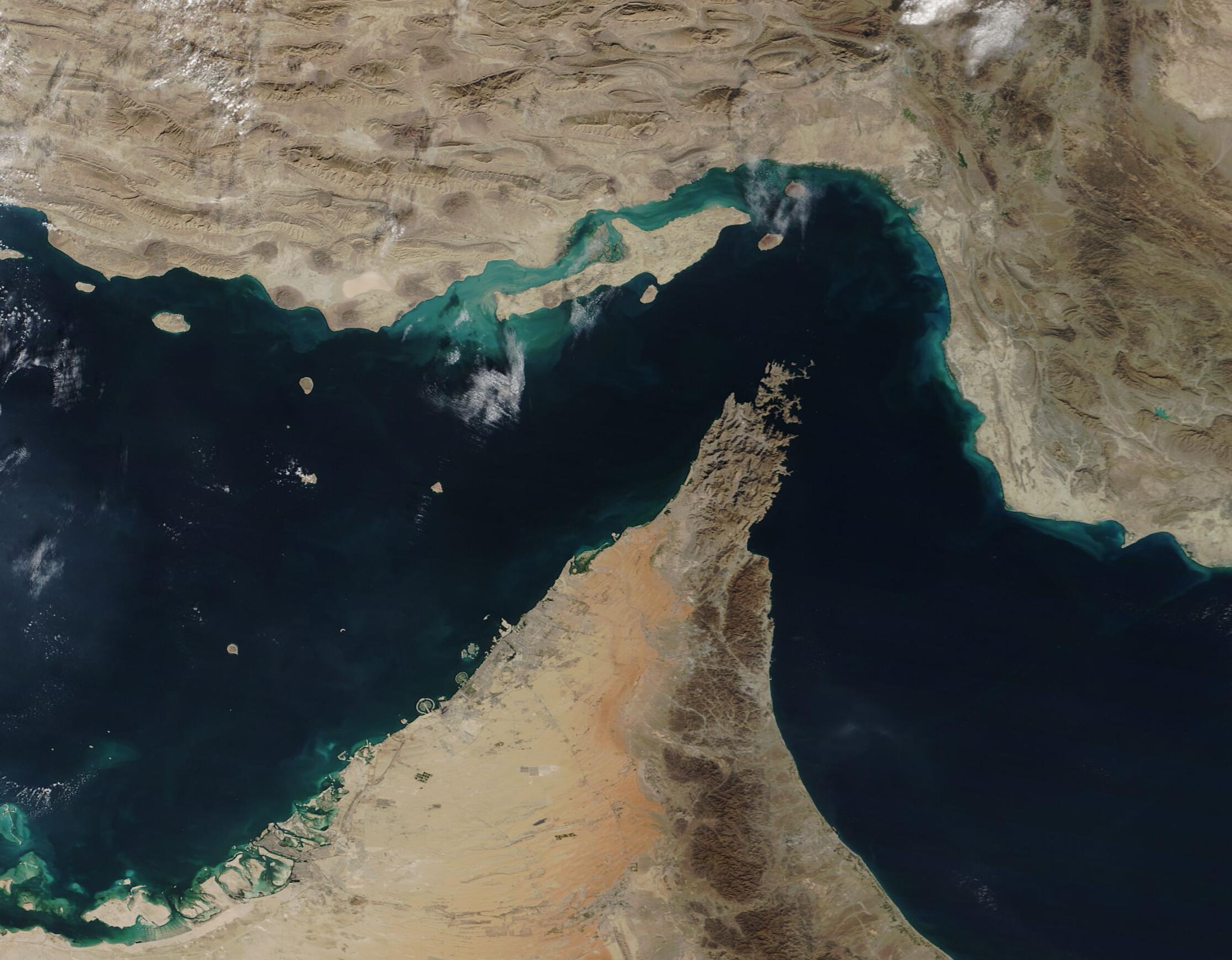 NASA Terra satellite view of the Strait of Hormuz between Iran and the Musandam Peninsula